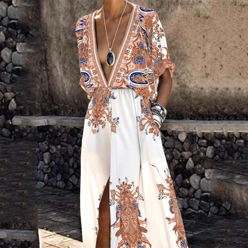 dress women boho sexy elegant Vintage Pattern Printed Long Deep V Hand wash cold Hang Style:27033D Size:VIIIL Royal Blue Mermaid Satin