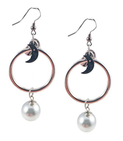 18kt Gold Plated and Silver Plated Hoop Earrings with Pearls and Moon Charms. Moon and Pearls Drop Earrings. - Maiden-Art