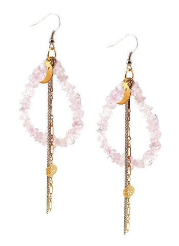 Rose quarz drop earrings with moon charm. Perfect for parties, summer time and gift for her. - Maiden-Art