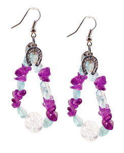 Aquamarine and amethyst stones drop earrings with silver horseshoe charm. Perfect for parties, summer time and gift for her. - Maiden-Art