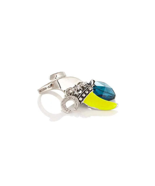 Yellow horn and blue crystal charm ring - Maiden-Art