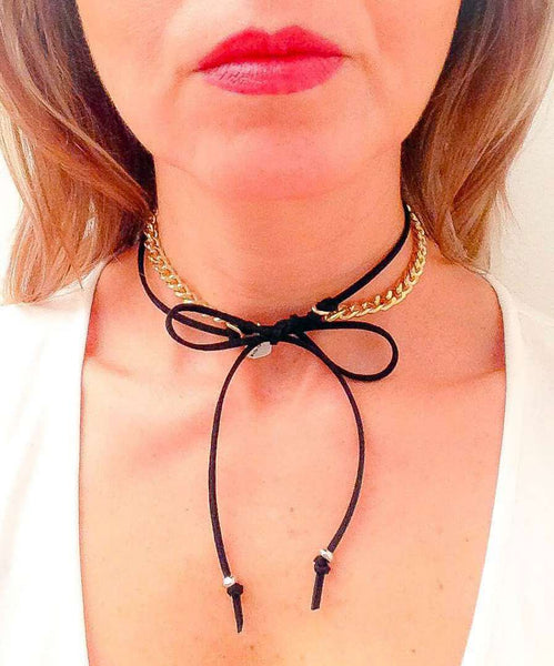 Choker with deerskin leather and silver or gold chain. Black choker, leather choker, choker necklace, coachella jewelry in 8 colors. - Maiden-Art