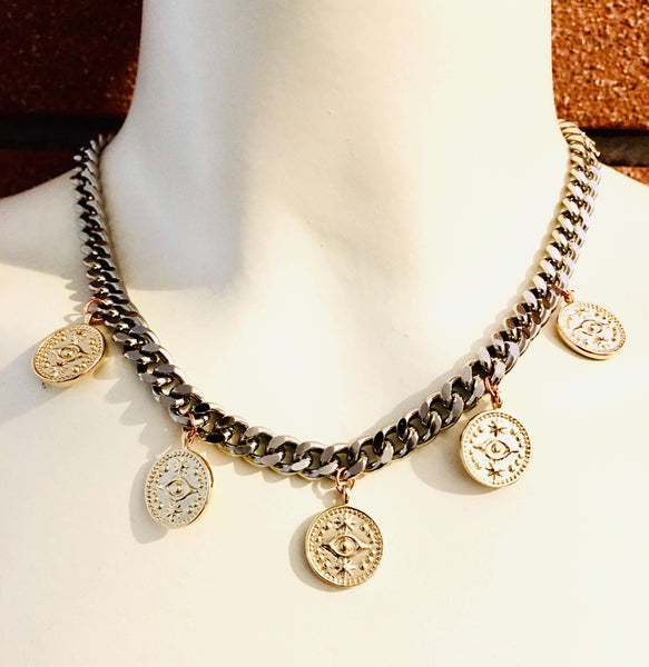 Evil Eye Coins Necklace in Gold and Silver. - Maiden-Art