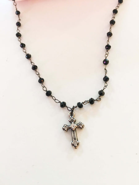 Black Rosary Necklace with silver cross and cubic zirconia. In 2 Length. - Maiden-Art