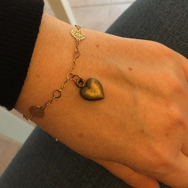 Bronze Heart Charm Bracelet and 18kt Gold Plated Flower Chain. - Maiden-Art
