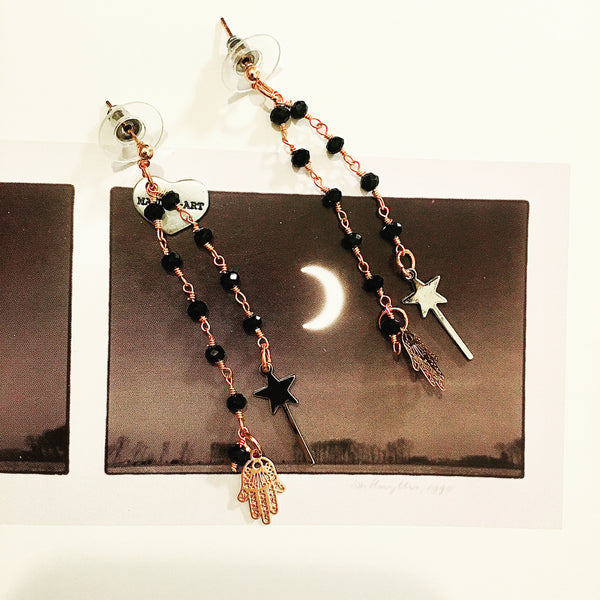 Rosary Earrings with Magic Wand and Hamsa Charms - Maiden-Art