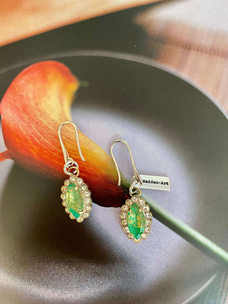 Emerald Green Statement Earrings and Rhinestones. - Maiden-Art