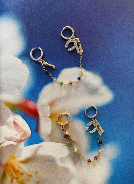 Double hoop 'Rosary and Charms' mono earrings