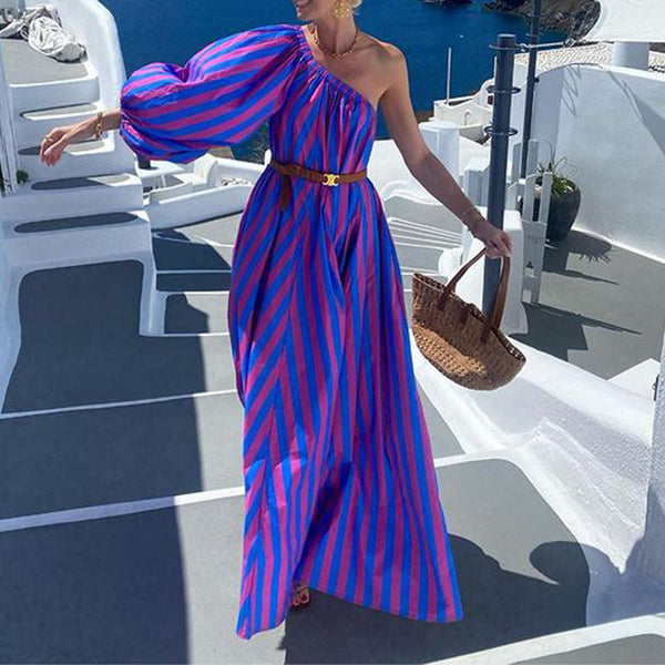 Fashion Personalized Oblique Shoulder Boho Striped Women's Mid-length Dress Anybestbuy Store