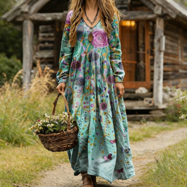 Boho Floral Butterfly Print V-Neck Long-Sleeve Maxi Dress Anybestbuy Store