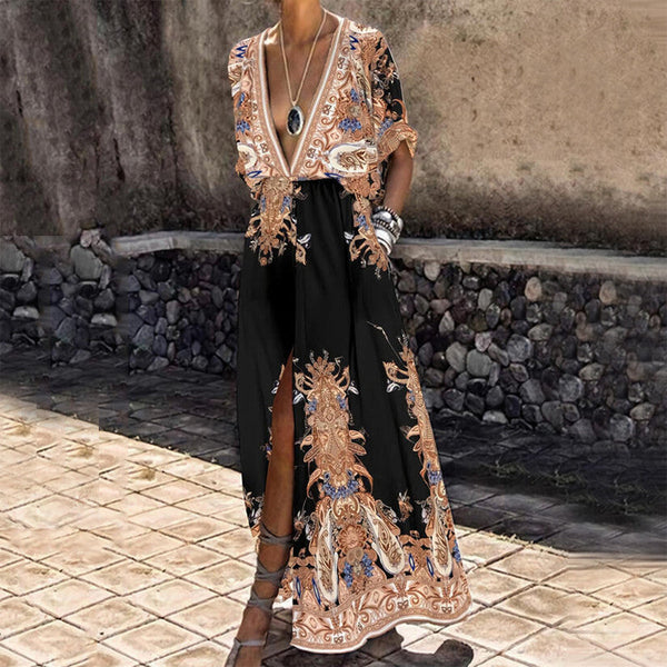 Vintage Pattern Printed Boho Long Dress Women Sexy Deep V Anybestbuy Store