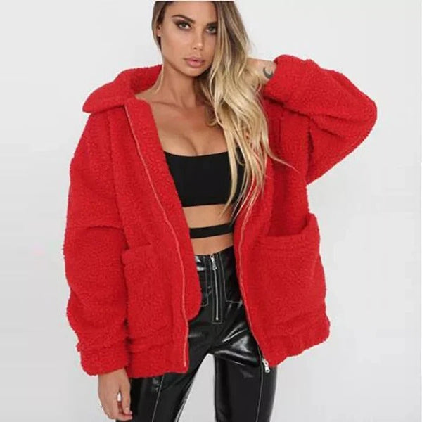 Faux lambswool oversized jacket coat Winter black warm hairly jacket Women autumn outerwear Maiden-Art