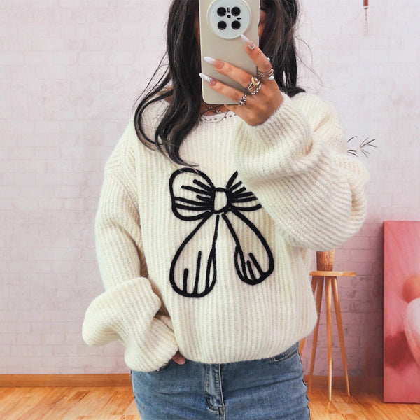 Simple Casual Bow Embroidery Decoration Knitted Long Sleeve Sweater Maiden-Art