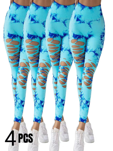 4 Pack New Style Hollow-Out Tie-Dye High-Waisted Tummy-Control Yoga Pants Maiden-Art