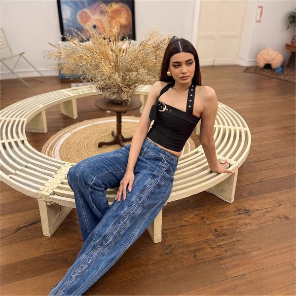 New Low Waist Hollow Lace-up Wide-leg Jeans For Women Maiden-Art