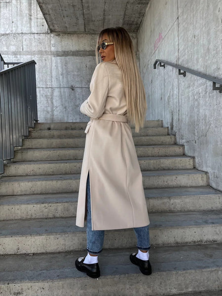 Double-breasted Lapel Split Jacket With Belt Winter Fashion Casual Long Sleeve Button Daily Coats For Women Clothing Maiden-Art