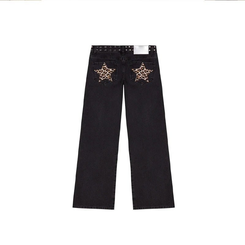 Leopard Print Five-pointed Star Deconstructing Jeans For Women Maiden-Art