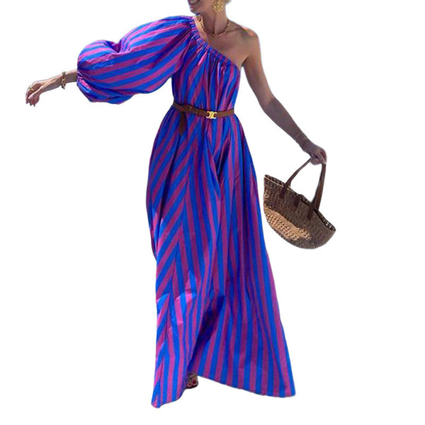 Fashion Personalized Oblique Shoulder Boho Striped Women's Mid-length Dress Anybestbuy Store