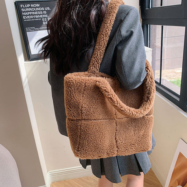Women's Designer Luxury Plush Bag Winter Fashion Cute Tote Handbags Large Capacity Portable Single Shoulder Furry Bags Maiden-Art