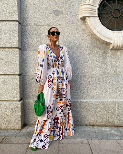 Women's V-Neck Long Sleeve Printed Boho Dress Anybestbuy Store