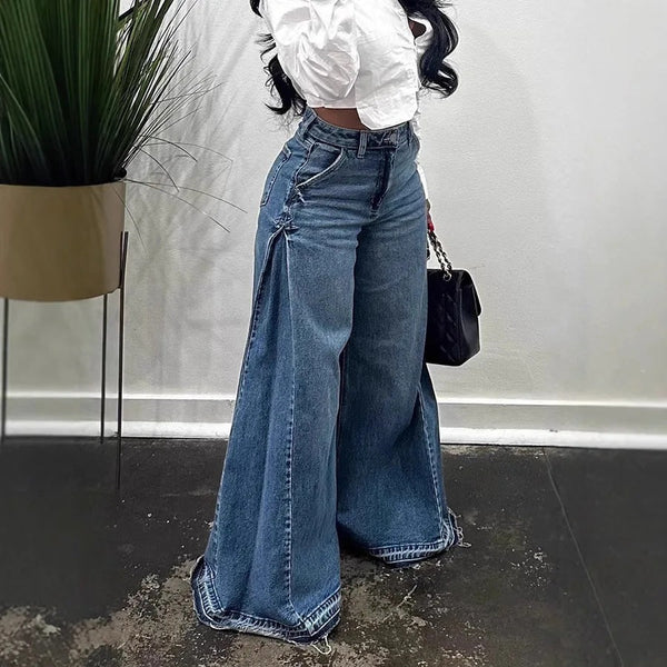 Loose Wide Leg Jeans Stitching Bell-bottom Pants Tassel Trousers Maiden-Art