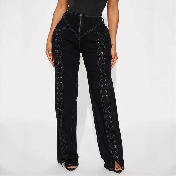 New Low Waist Hollow Lace-up Wide-leg Jeans For Women Maiden-Art