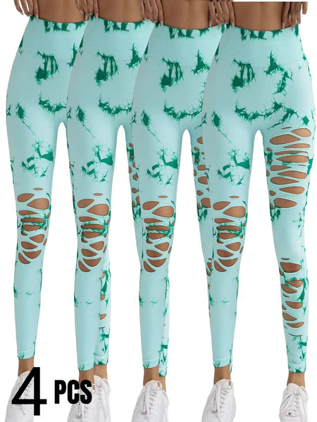 4 Pack New Style Hollow-Out Tie-Dye High-Waisted Tummy-Control Yoga Pants Maiden-Art