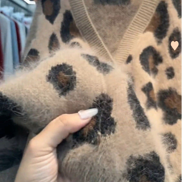 Leopard Print Thick Warm Coat Loose Lazy Knitted Cardigan Sweater Maiden-Art