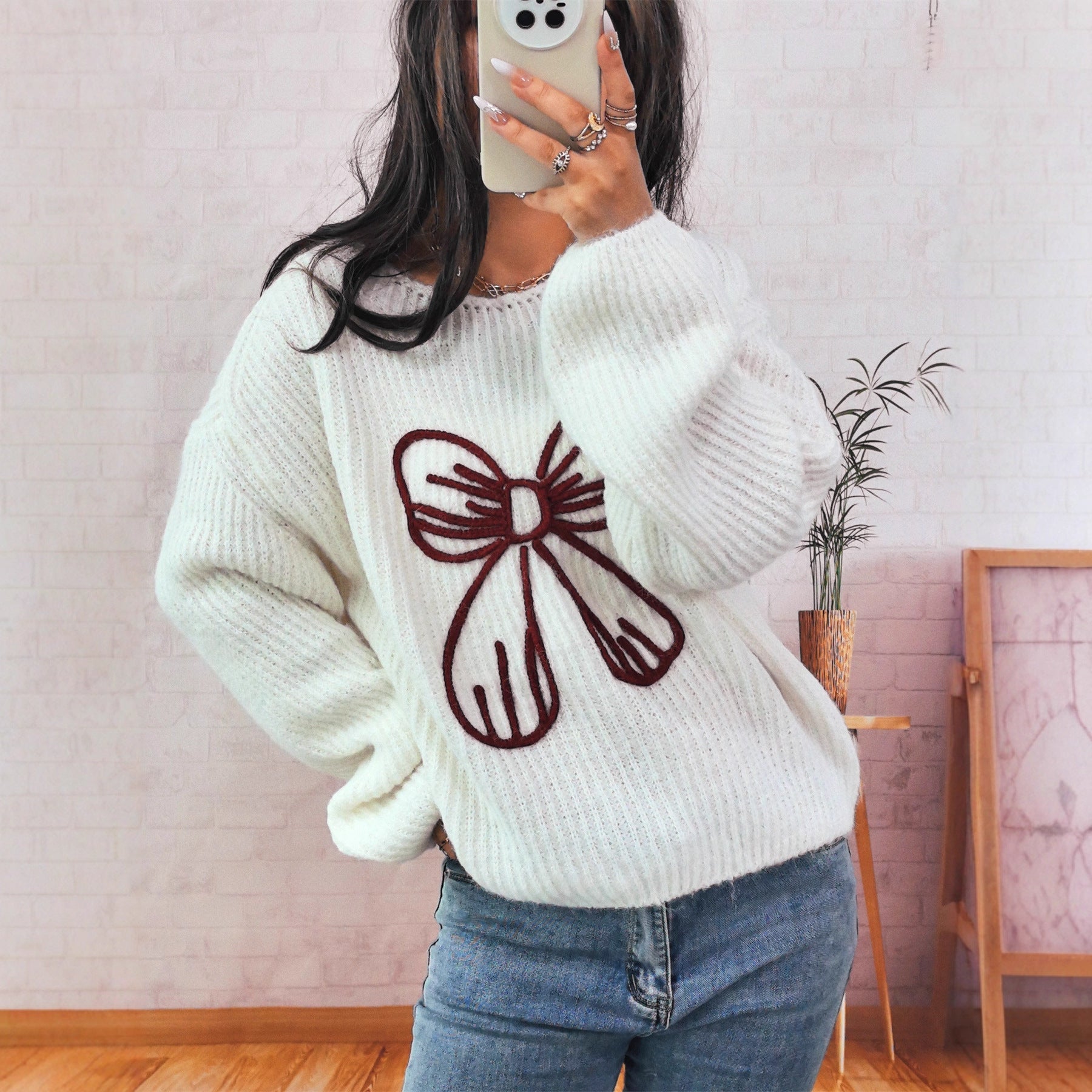 Simple Casual Bow Embroidery Decoration Knitted Long Sleeve Sweater Maiden-Art