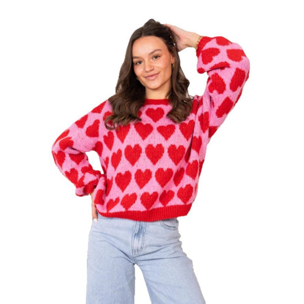 Heart Jacquard Color Contrast Short Knitted Valentine's Day Sweater Maiden-Art