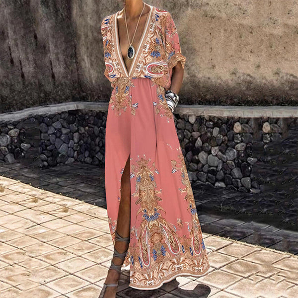 Vintage Pattern Printed Boho Long Dress Women Sexy Deep V Anybestbuy Store