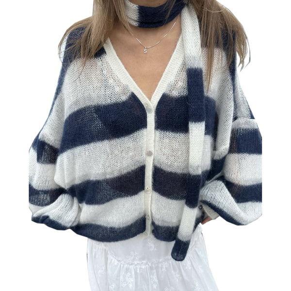 Loose And Idle Striped Sweater Cardigan With Scarf Maiden-Art