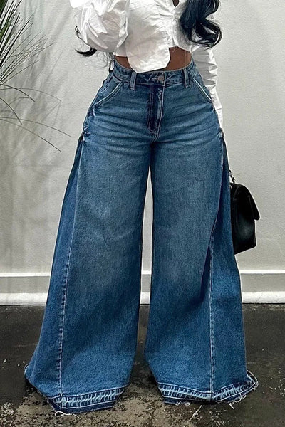 Loose Wide Leg Jeans Stitching Bell-bottom Pants Tassel Trousers Maiden-Art