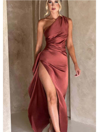 Sexy One-shoulder Backless Slit Dress Summer Elegant Slim-fit Solid Color Satin Dresses For Women Maiden-Art