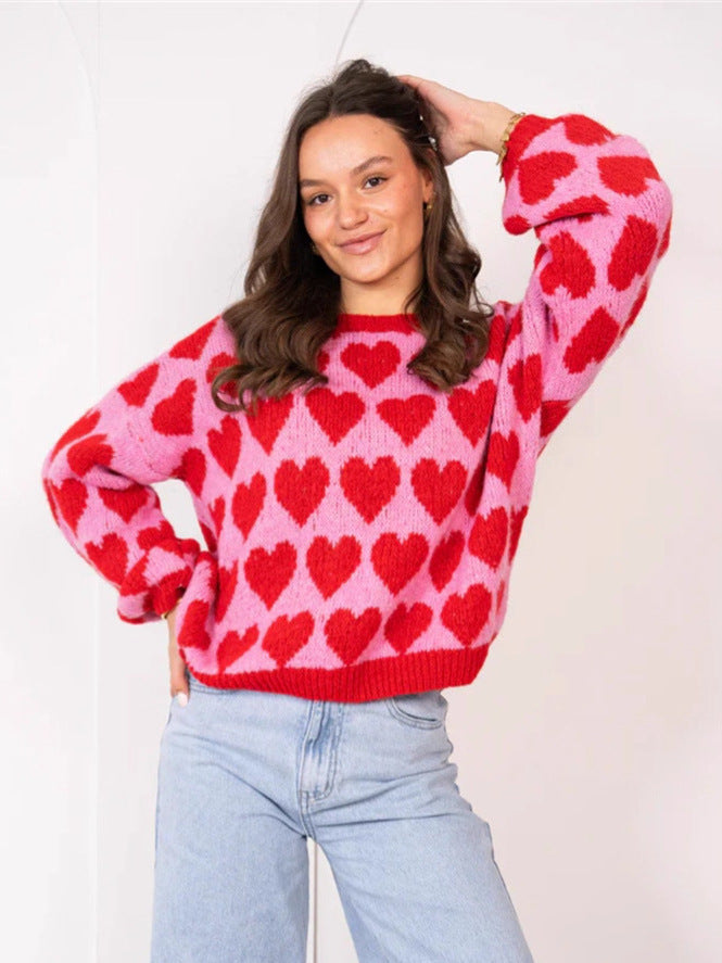 Heart Jacquard Color Contrast Short Knitted Valentine's Day Sweater Maiden-Art