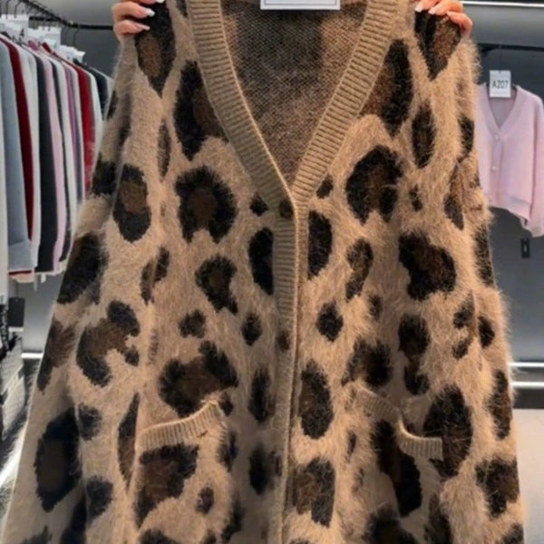 Leopard Print Thick Warm Coat Loose Lazy Knitted Cardigan Sweater Maiden-Art