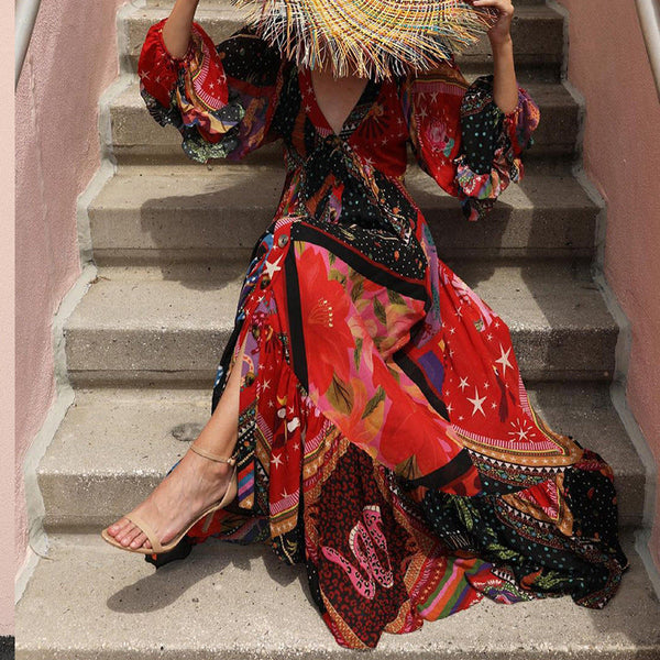 Women's V-Neck Long Sleeve Printed Boho Dress Anybestbuy Store
