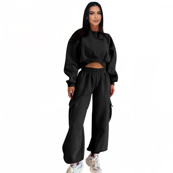 European And American Autumn New Round Neck High Waist Sweater Pocket Loose Sweatpants Suit Maiden-Art