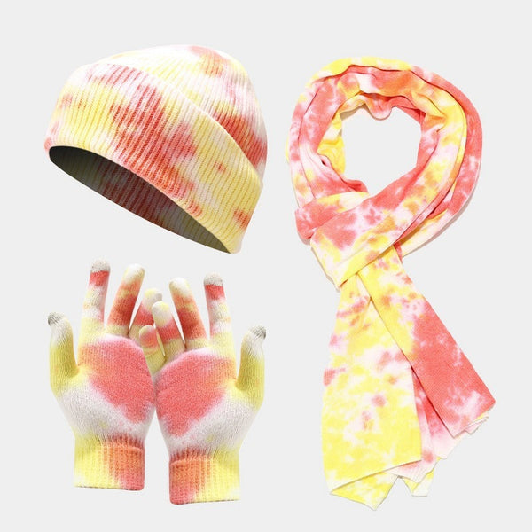 Tie-dye Knitted Hat Gloves Scarf Set Ladies Maiden-Art