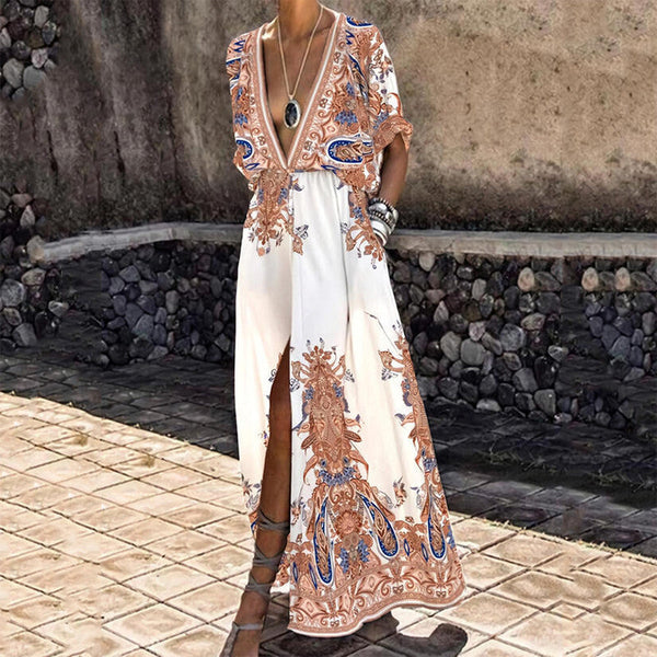 Vintage Pattern Printed Boho Long Dress Women Sexy Deep V Anybestbuy Store
