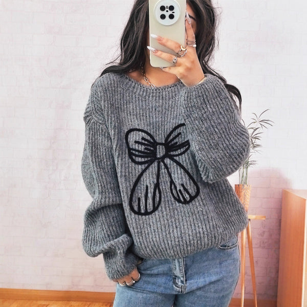 Simple Casual Bow Embroidery Decoration Knitted Long Sleeve Sweater Maiden-Art