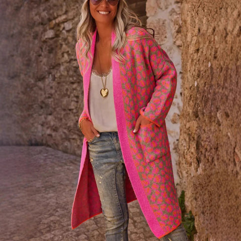 Contrast Color Leopard Print Long Knitwear Fashion Retro Pocket Sweater Women's Coat Maiden-Art