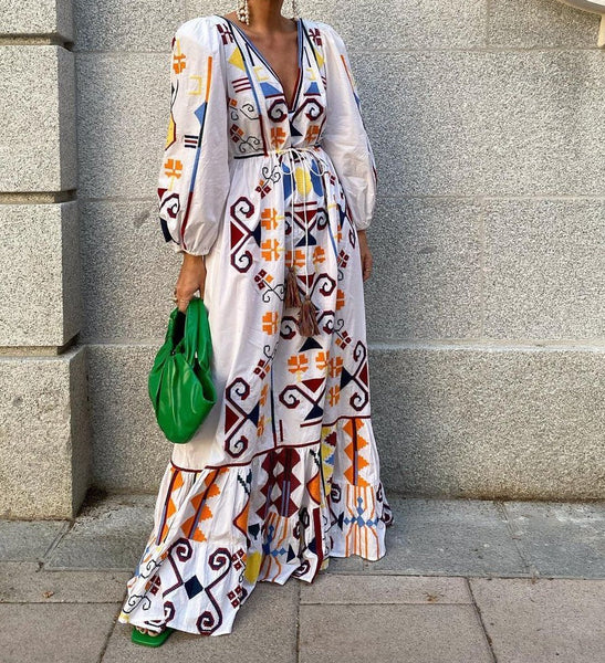 Women's V-Neck Long Sleeve Printed Boho Dress Anybestbuy Store