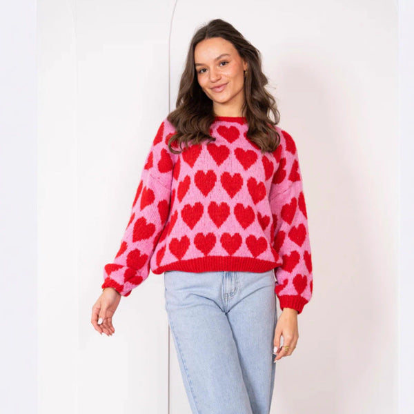 Heart Jacquard Color Contrast Short Knitted Valentine's Day Sweater Maiden-Art