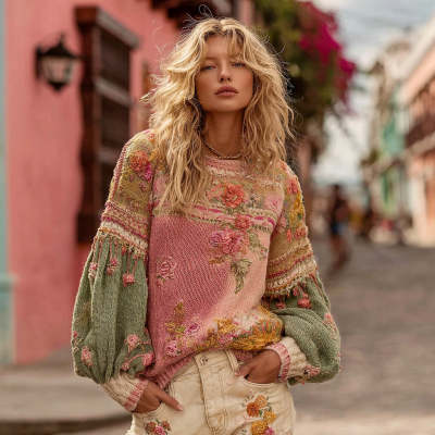 Womens Fashionable Casual 3D-Printed Loose Crew-Neck Pullover Long-Sleeve Sweater Beautiful Legend Store