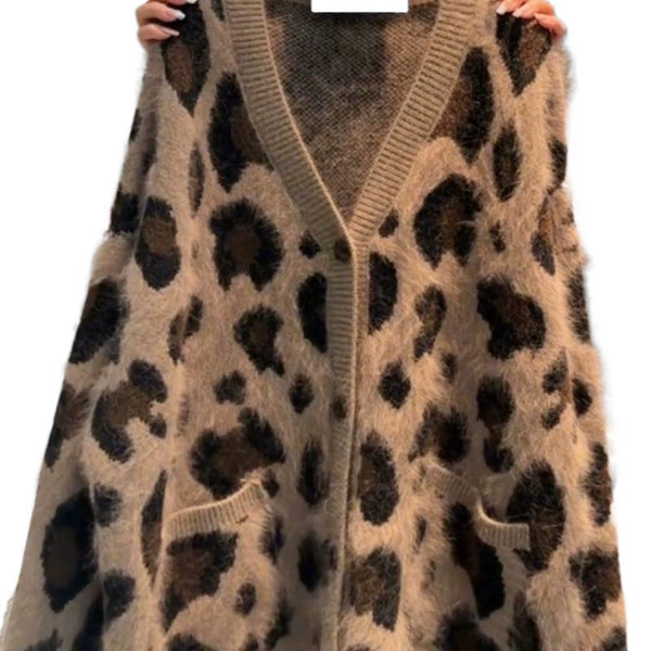 Leopard Print Thick Warm Coat Loose Lazy Knitted Cardigan Sweater Maiden-Art
