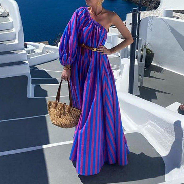 Fashion Personalized Oblique Shoulder Boho Striped Women's Mid-length Dress Anybestbuy Store