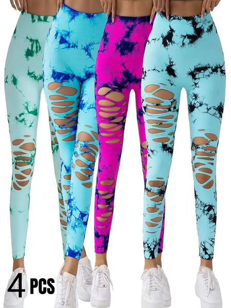 4 Pack New Style Hollow-Out Tie-Dye High-Waisted Tummy-Control Yoga Pants Maiden-Art