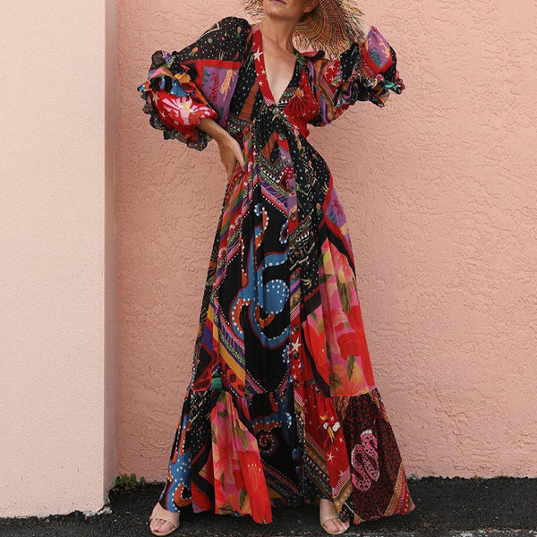 Women's V-Neck Long Sleeve Printed Boho Dress Anybestbuy Store