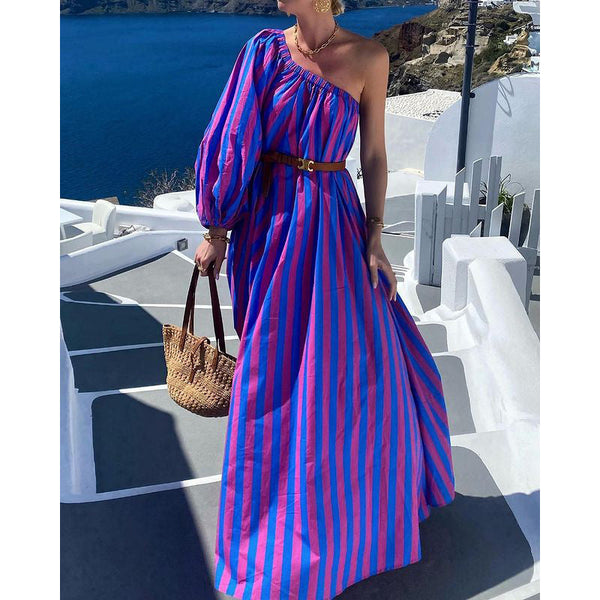 Fashion Personalized Oblique Shoulder Boho Striped Women's Mid-length Dress Anybestbuy Store